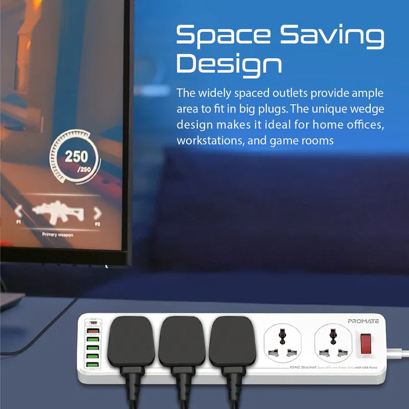 Promate Power Strip, 10 Ac Outlets, 6 Usb, 5m PowerMatrix-5m.uk