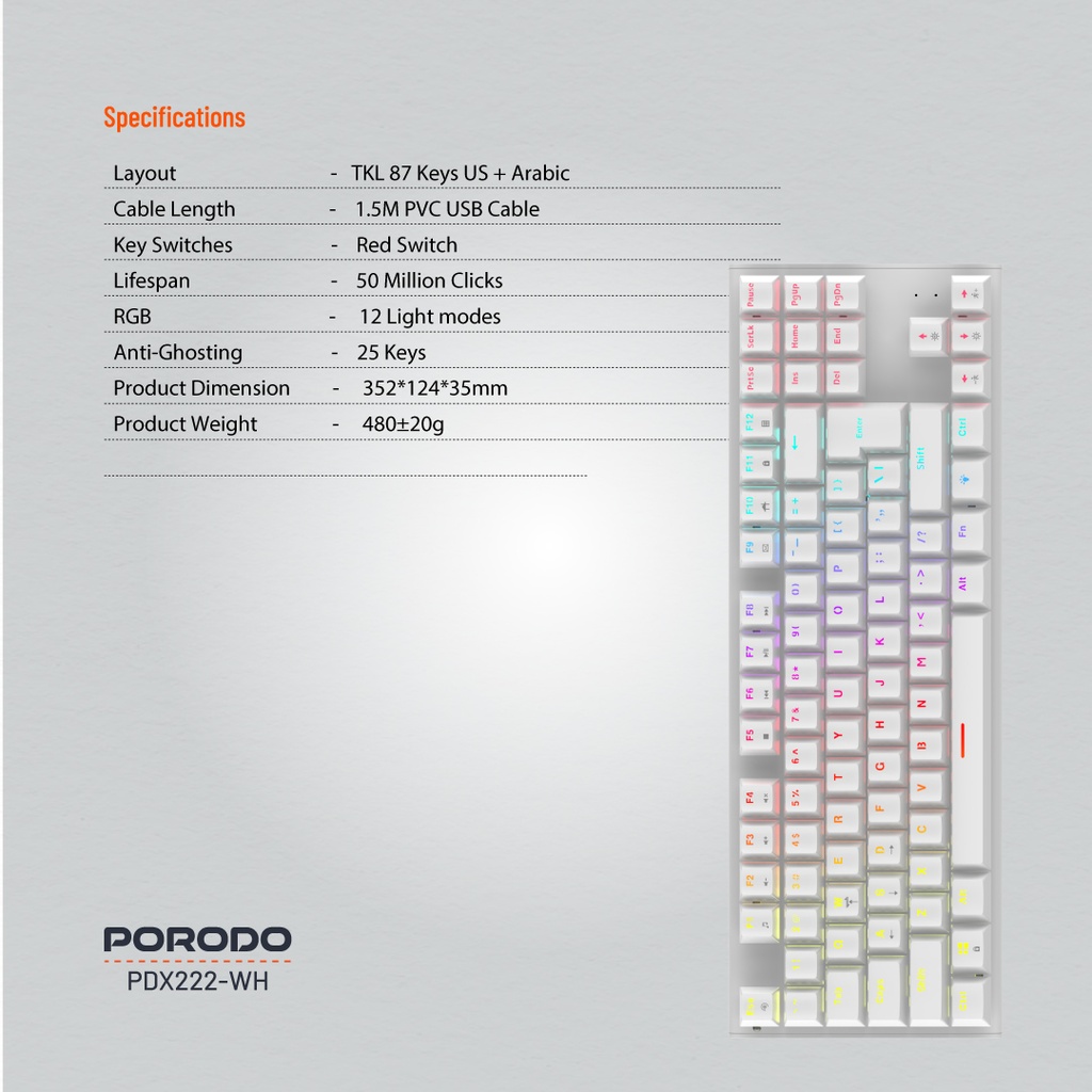 Porodo Gaming TKL Mechanical Keyboard WHITE- PDX222