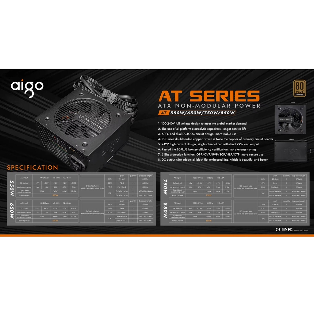 Aigo AT750 Power Supply 750W, 80 Plus Bronze Certification