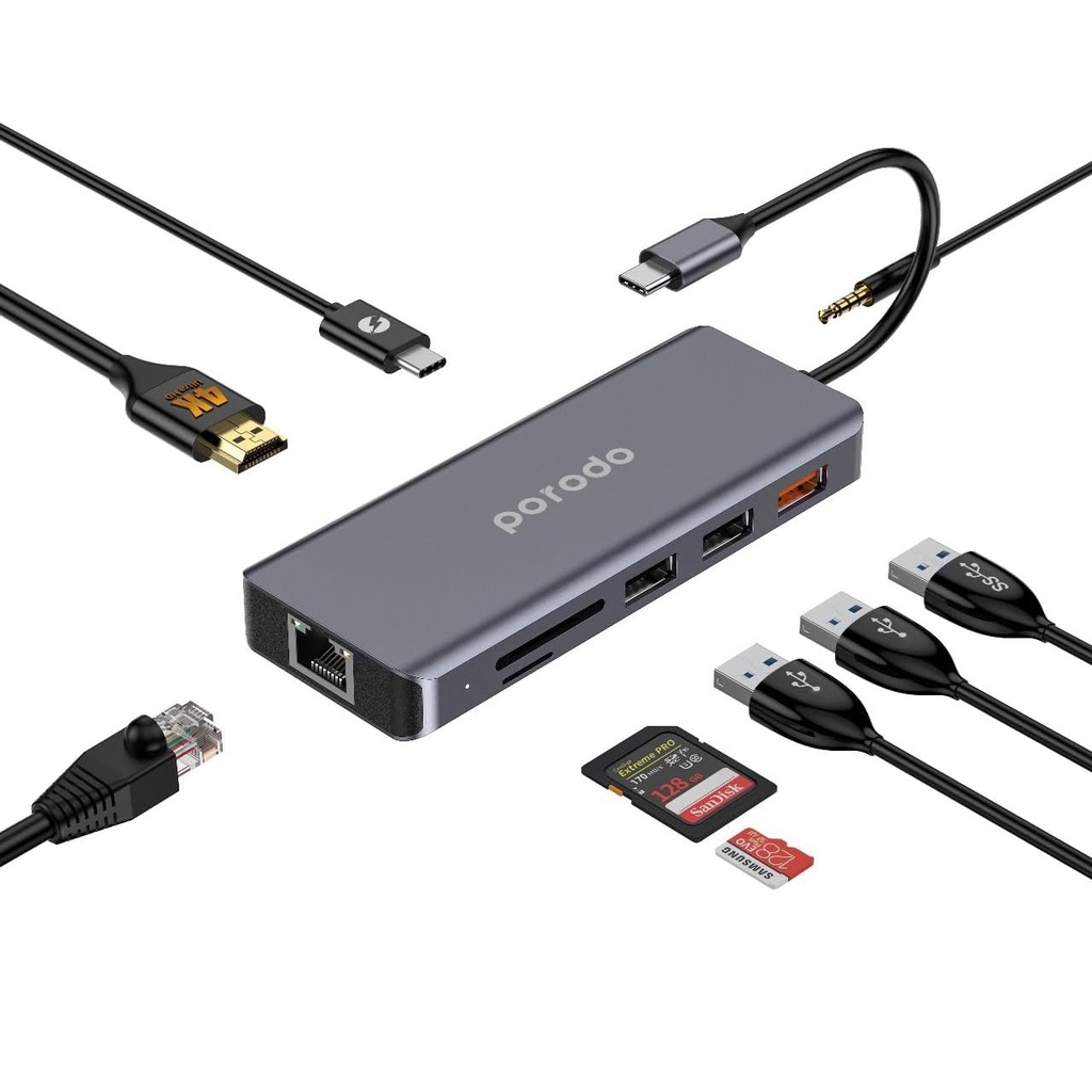 PORODO 9 IN 1 Hub Type-C PD 100W HDMI Ethernet USB SD Card 3.5mm Aux