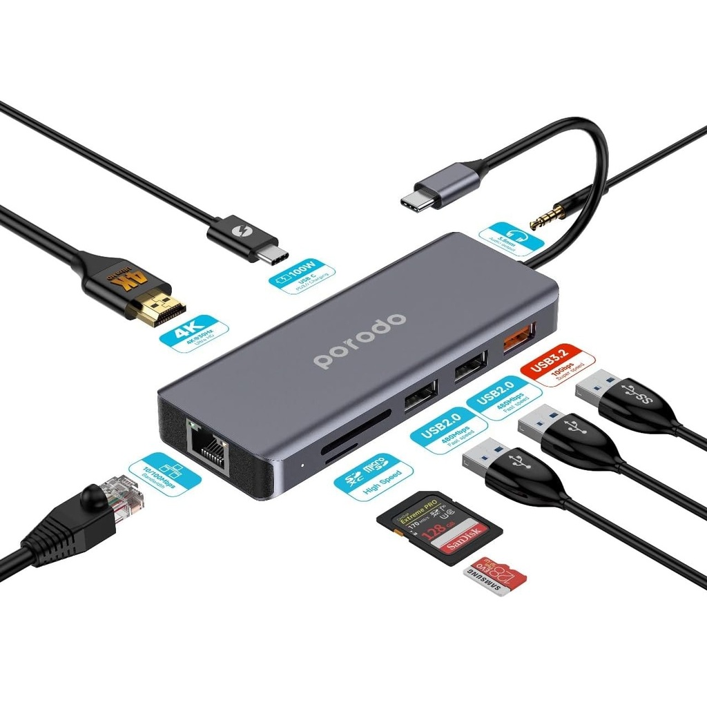 PORODO 9 IN 1 Hub Type-C PD 100W HDMI Ethernet USB SD Card 3.5mm Aux