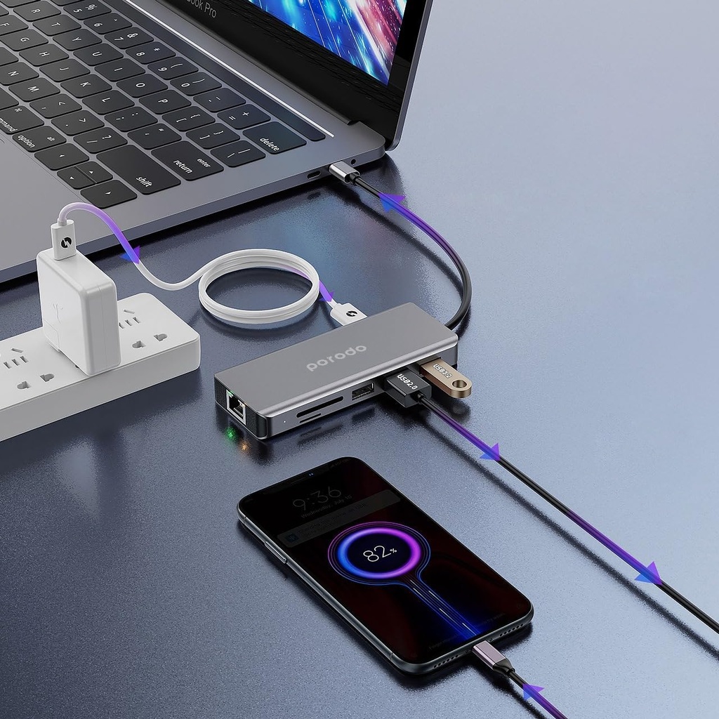 PORODO 9 IN 1 Hub Type-C PD 100W HDMI Ethernet USB SD Card 3.5mm Aux