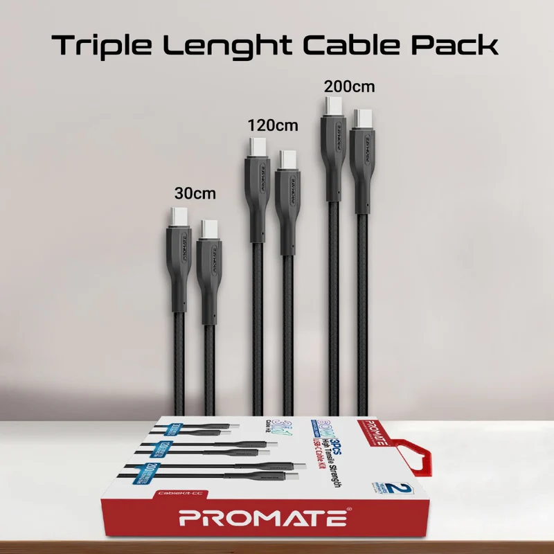Promate CableKit-CC 3Pcs High Tensile Strength Data & Charge USB-C Cable kit 60W cablekit.cc