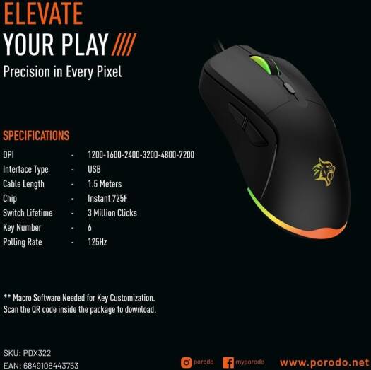 Porodo Gaming Wired Mouse DPI 7200 with RGB Light - Black - PDX322