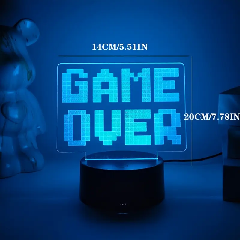 "HA - Game Over" 3D Night Light "GG" Desktop Atmosphere Lamp for Bedroom Gaming Room, USB Interface, Touch-Sensitive, Seven-Color Changing Light - COLORFUL DIMMING