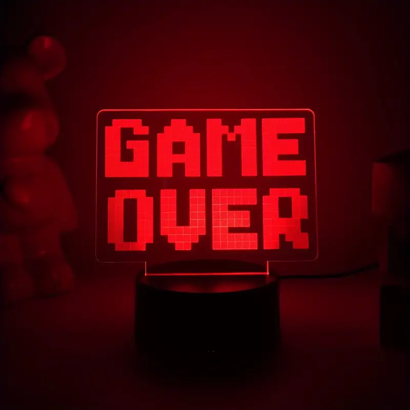 "HA - Game Over" 3D Night Light "GG" Desktop Atmosphere Lamp for Bedroom Gaming Room, USB Interface, Touch-Sensitive, Seven-Color Changing Light - COLORFUL DIMMING