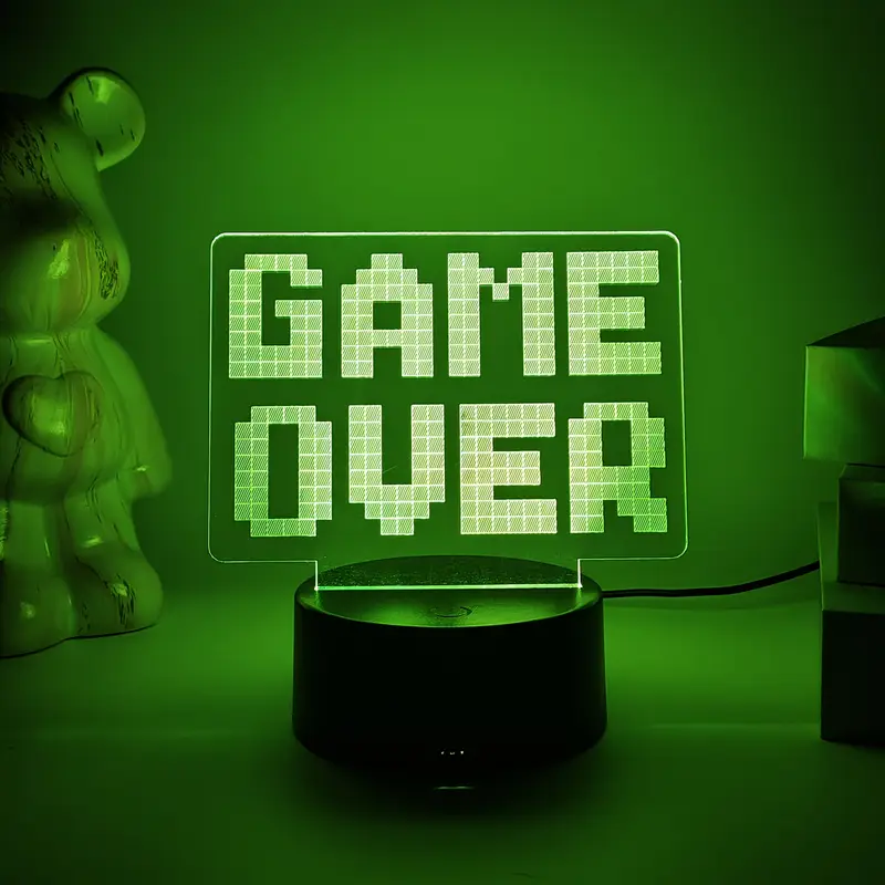 "HA - Game Over" 3D Night Light "GG" Desktop Atmosphere Lamp for Bedroom Gaming Room, USB Interface, Touch-Sensitive, Seven-Color Changing Light - COLORFUL DIMMING