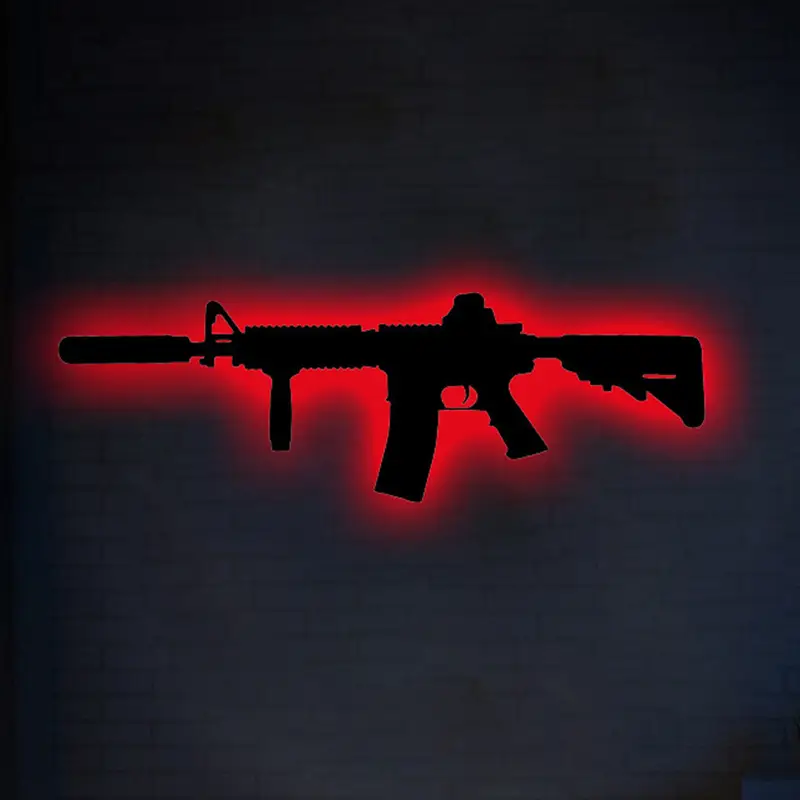 USB-Powered Neon Gun Silhouette Wall Light - Adjustable Brightness, Game Over Sign for Gaming Room Decor, Ideal Birthday Gift for Gamers, Easy-to-Install, No  Battery Needed - APP CONTROLLER