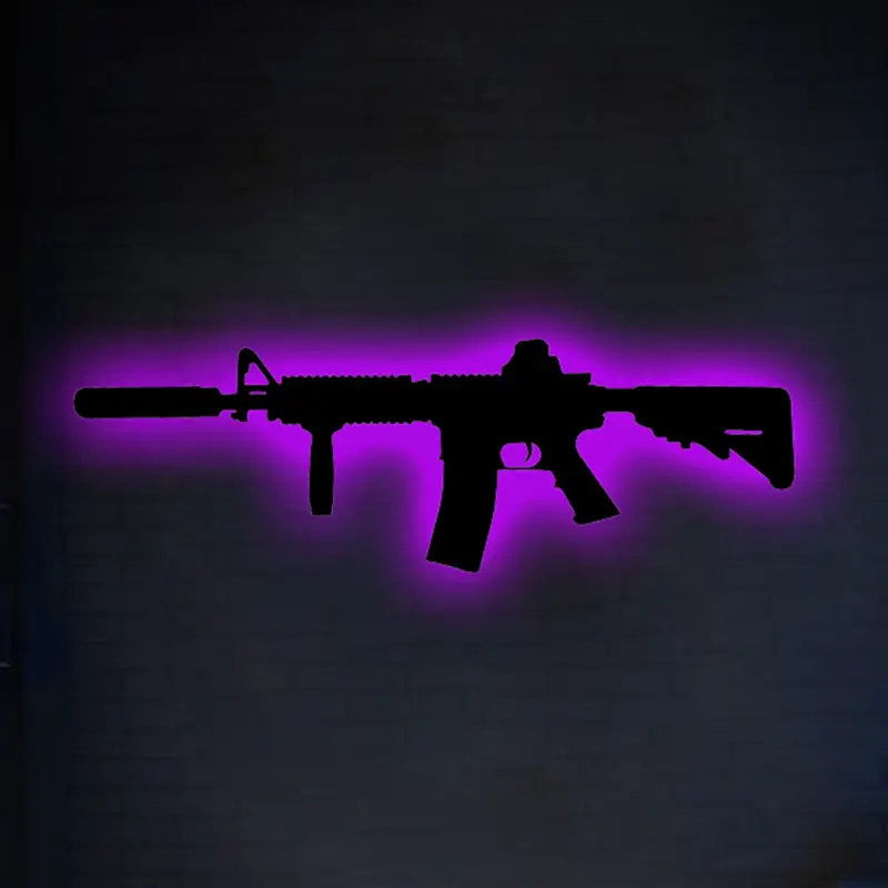 USB-Powered Neon Gun Silhouette Wall Light - Adjustable Brightness, Game Over Sign for Gaming Room Decor, Ideal Birthday Gift for Gamers, Easy-to-Install, No  Battery Needed - APP CONTROLLER