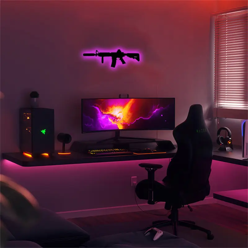 USB-Powered Neon Gun Silhouette Wall Light - Adjustable Brightness, Game Over Sign for Gaming Room Decor, Ideal Birthday Gift for Gamers, Easy-to-Install, No  Battery Needed - APP CONTROLLER