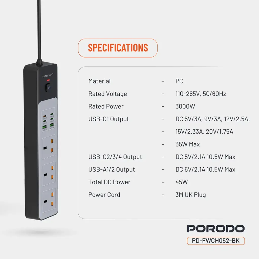 Porodo 3AC | 45W | 300W Power Strip - Black PD-FWCH052-BK
