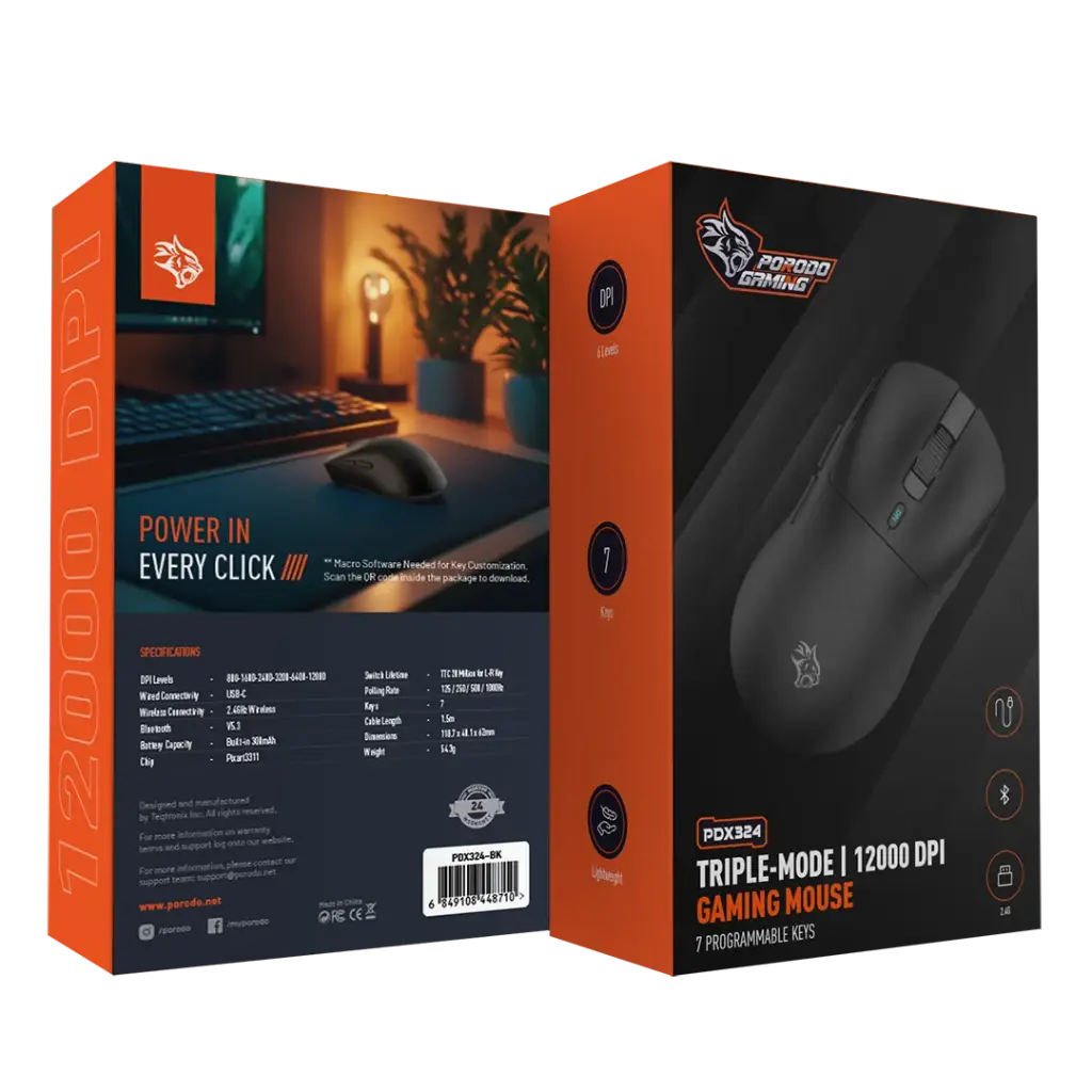  Porodo Gaming Mouse Wireless Triple-Mode 12000 DPI PDX324  - Black 