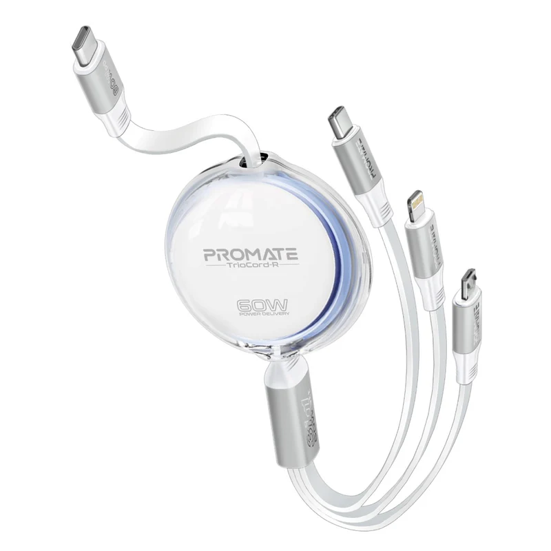 Promate 3-in-1 Ultra-Fast Retractable Multi-Connector Cable 
