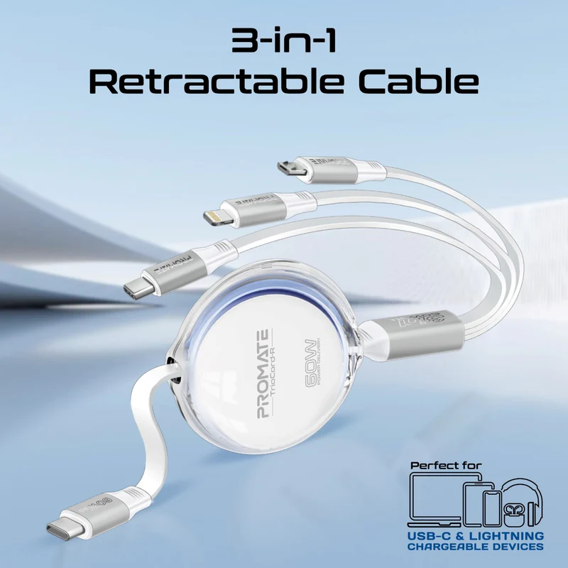 Promate 3-in-1 Ultra-Fast Retractable Multi-Connector Cable 