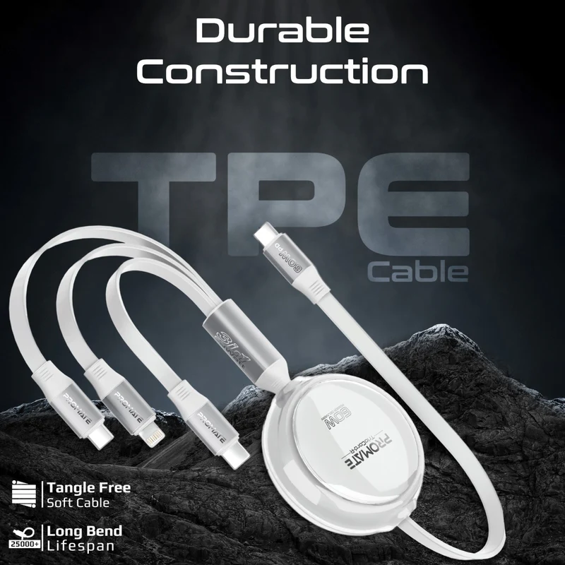 Promate 3-in-1 Ultra-Fast Retractable Multi-Connector Cable 