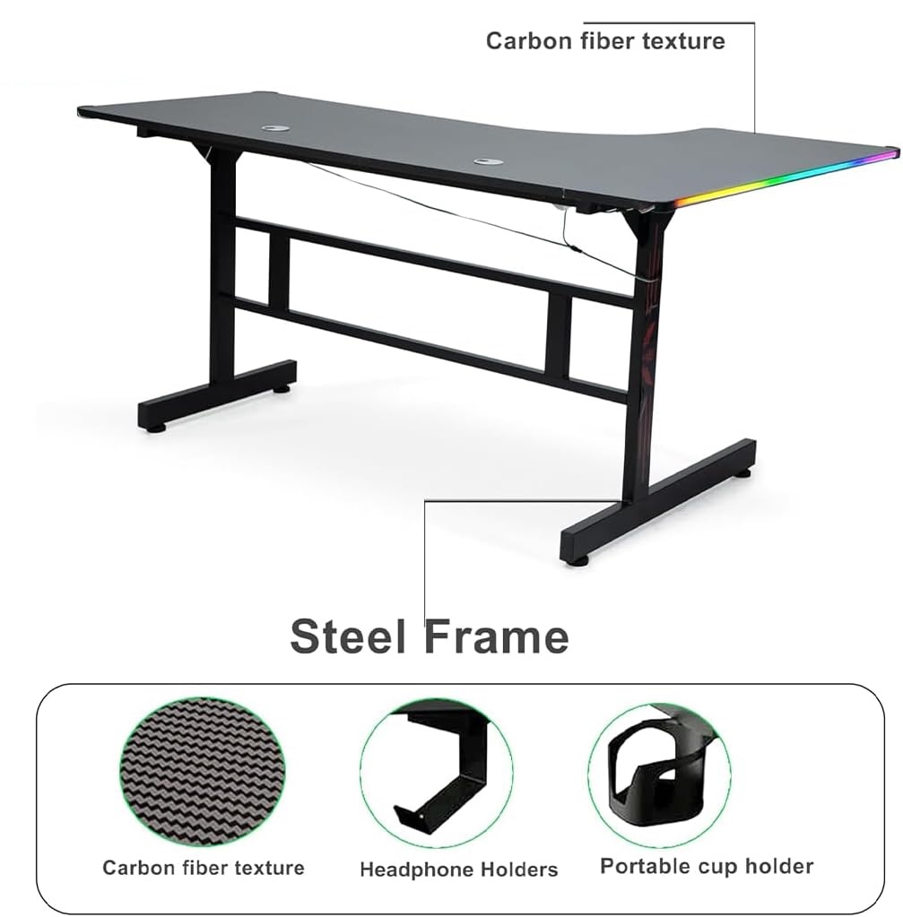 Gaming Table L-Shaped RGB MH131 BLACK ( 160 X 60 X 100 CM)