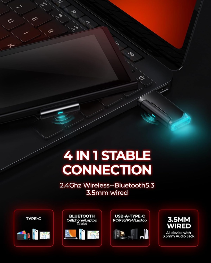 PICUN G2 RGB Wireless Gaming Headset, 7.1 Surround Sound, 2.4GHz - Black