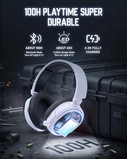 PICUN G2 RGB Wireless Gaming Headset, 7.1 Surround Sound, 2.4GHz - White