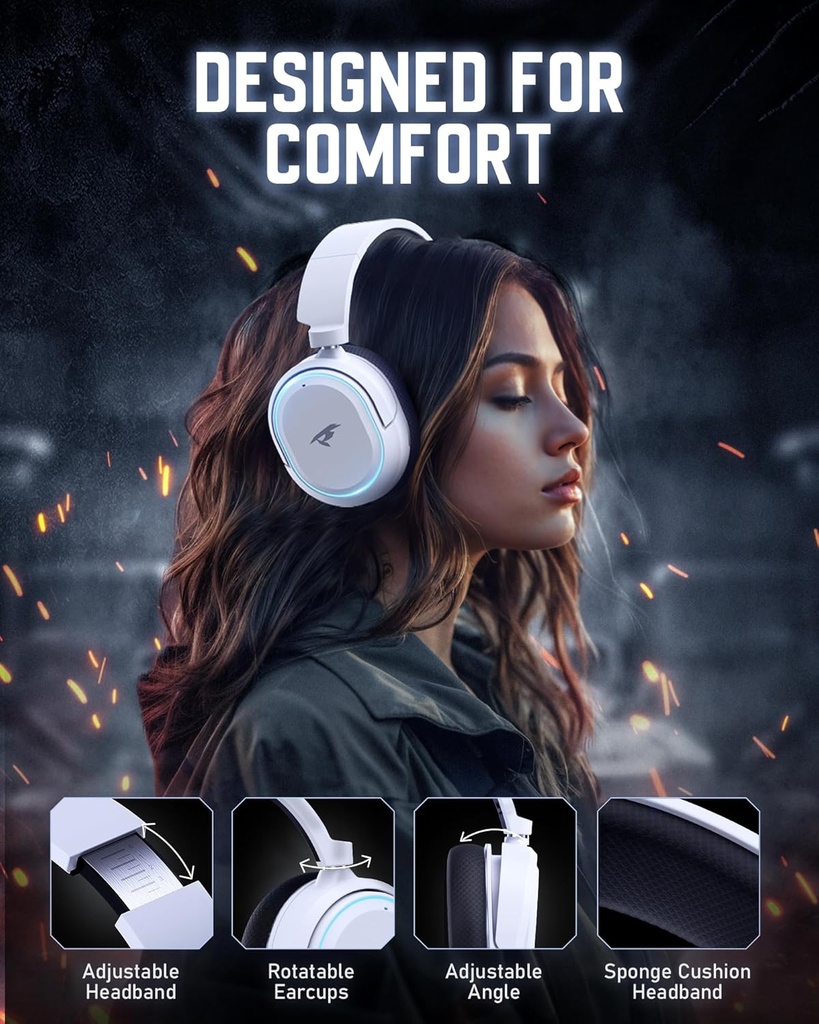 PICUN G2 RGB Wireless Gaming Headset, 7.1 Surround Sound, 2.4GHz - White