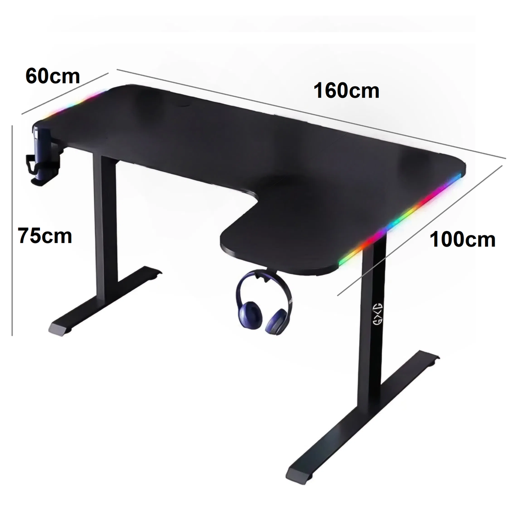 Gaming Desk GXG L Shaped BLACK  Right L-(160)-RGB-R-B, Size:160X60X100cm