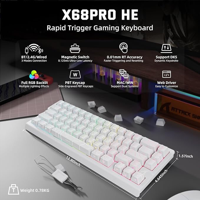 ATTACK SHARK X68 (PRO) HE Wireless Rapid Trigger Keyboard Magnetic Switch - White