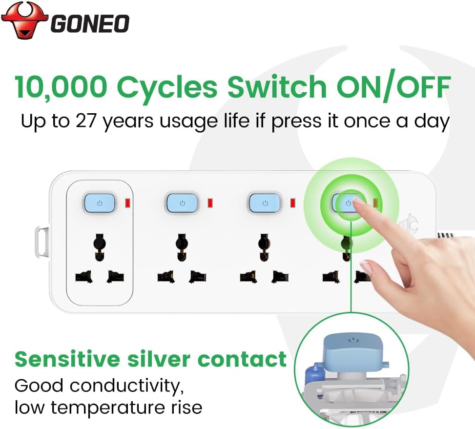 Compact 3 Outlet Power Strip with Individual On/Off Switches & Indicators – 3 Meter Cord, High Joules Surge Protector for Home, Office, Travel & Small Appliancescs (4 SOCKETS-5M) 