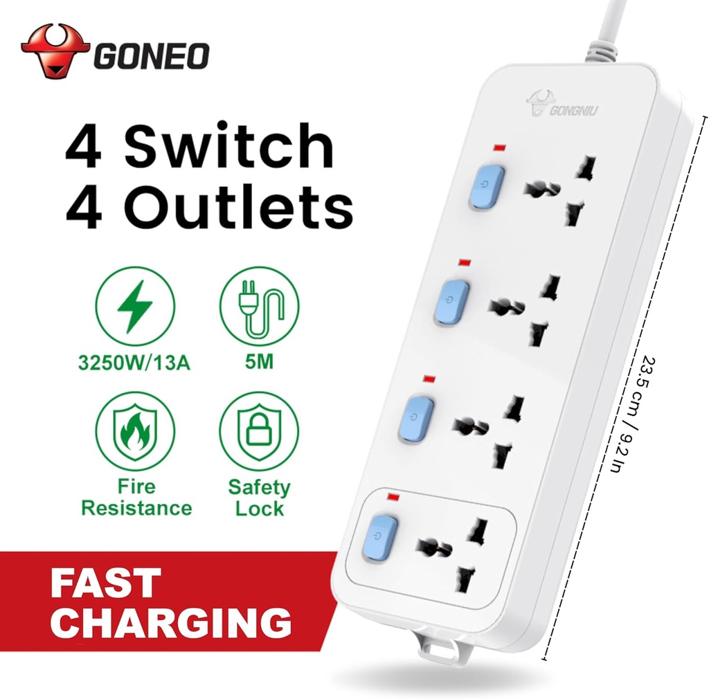 Compact 3 Outlet Power Strip with Individual On/Off Switches & Indicators – 3 Meter Cord, High Joules Surge Protector for Home, Office, Travel & Small Appliancescs (4 SOCKETS-5M) 