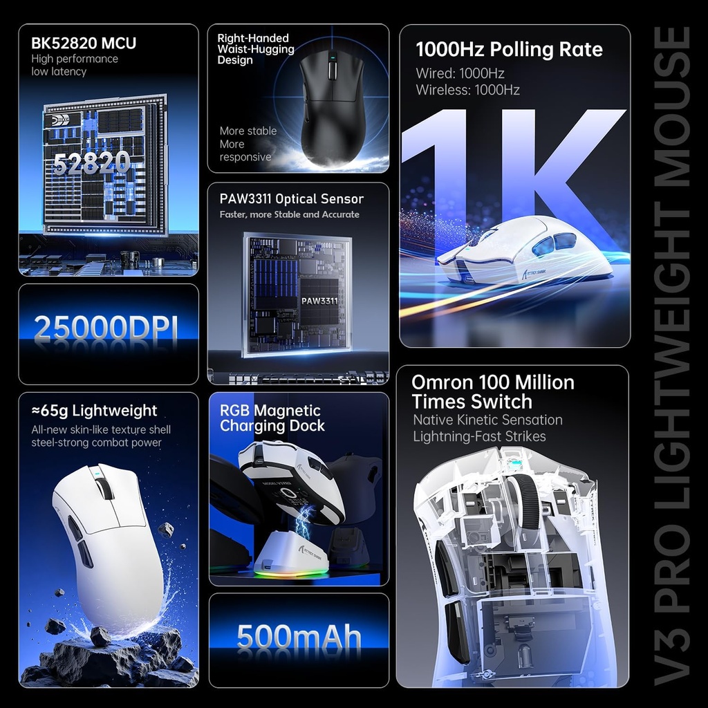 ATTACK SHARK V3 Pro Wireless Esports Gaming Mouse with Magnetic Charging Dock:62g Lightweight-1K Polling-25K DPI-PAW3311 Sensor,Wired/BT/2.4Ghz Programmable,BK52820 IC for PC Mac Laptop Gamer(White)