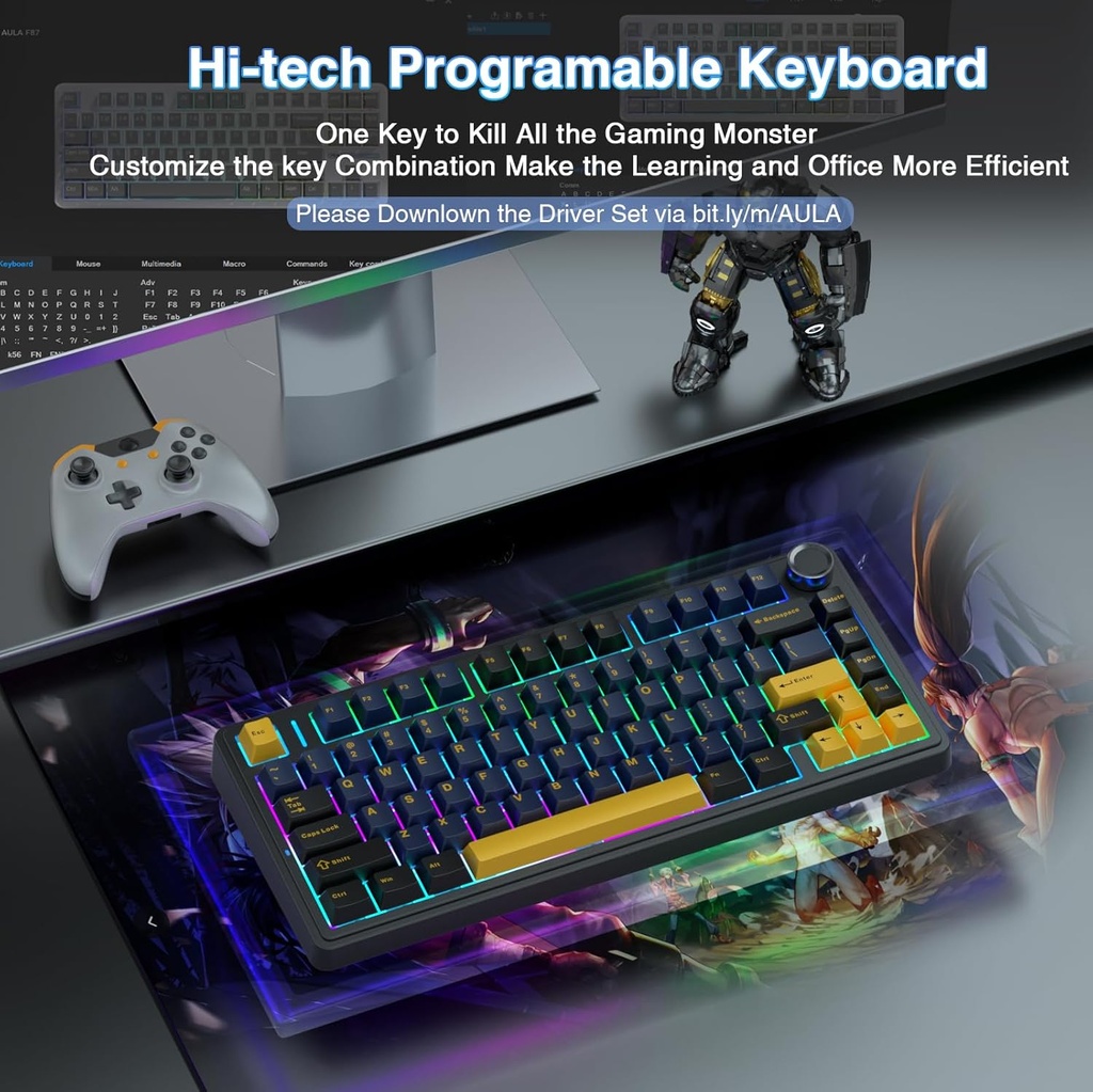 AULA F75 Mechanical Keyboard Gaming, 2.4 GHz/Type-C/BT5.0 - Reaper Switch Thunder black ( Black + Dark Blue + Orange )