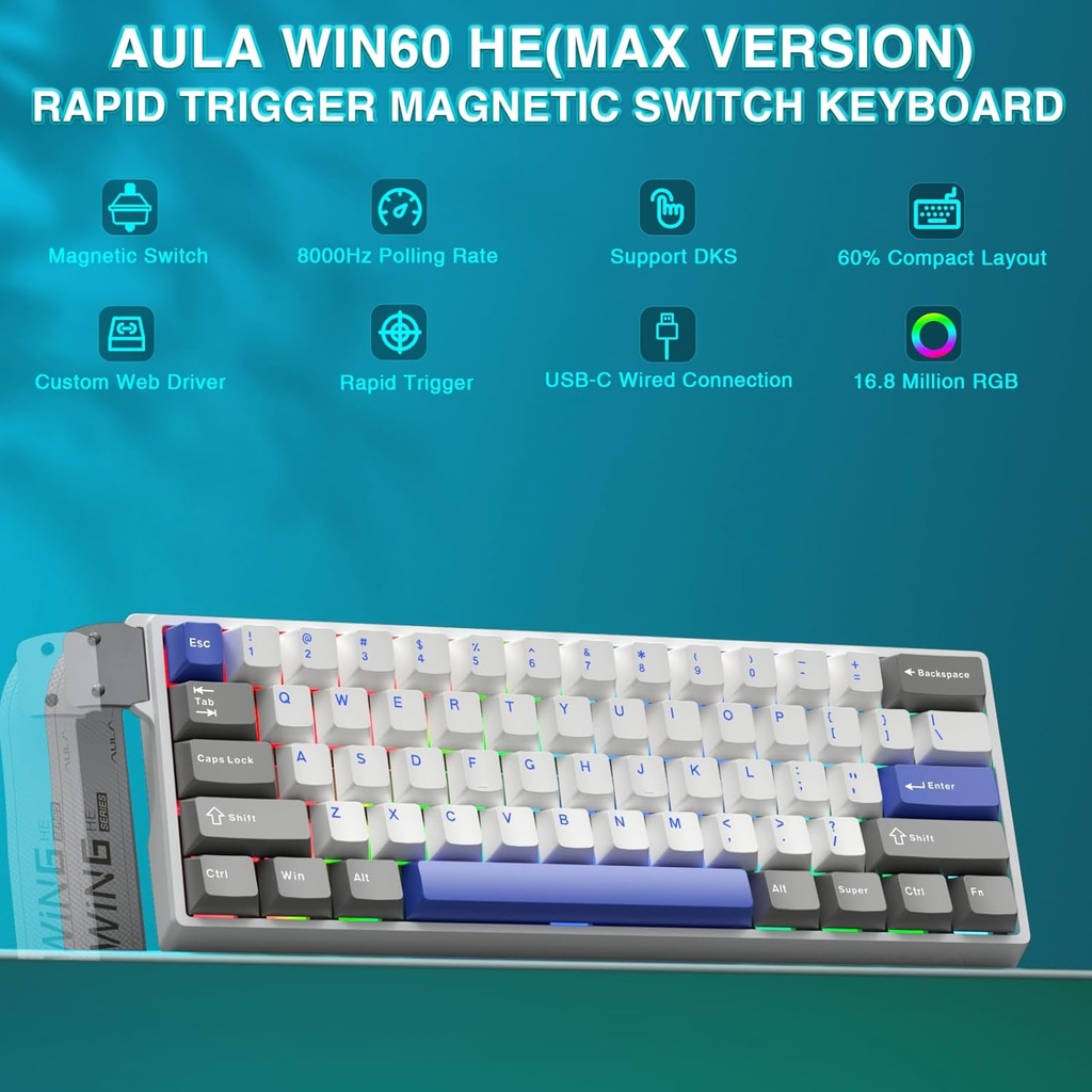 AULA WIN60HE MAX Mechanical Gaming Keyboard with Cable - Wing magnetic switch (  White+Gray+blue )