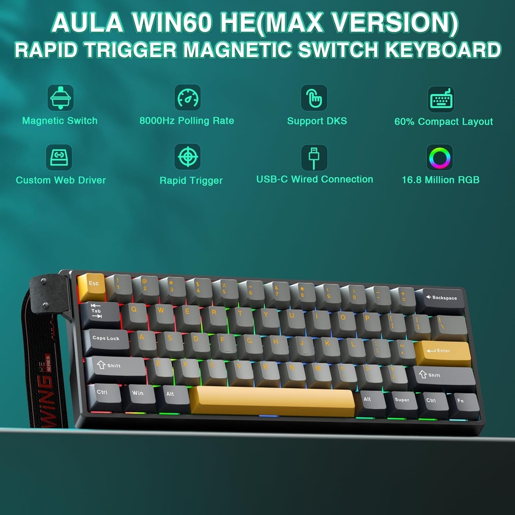 AULA WIN60HE MAX Mechanical Gaming Keyboard Wired - Wing magnetic switch ( Light Gray+Dark Gray+Yellow)