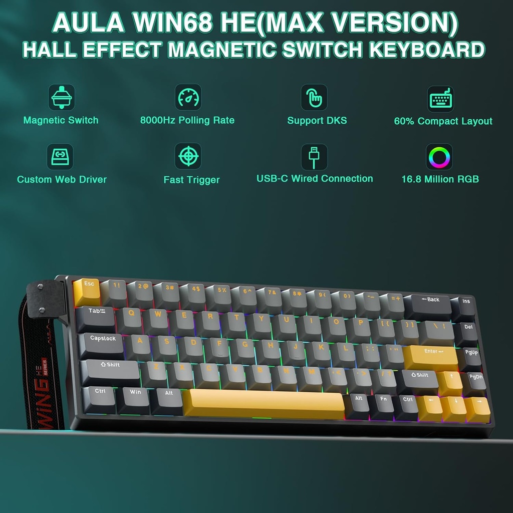 AULA WIN60HE MAX Mechanical Gaming Keyboard Wired - Wing magnetic switch ( Gray+Yellow+Black )