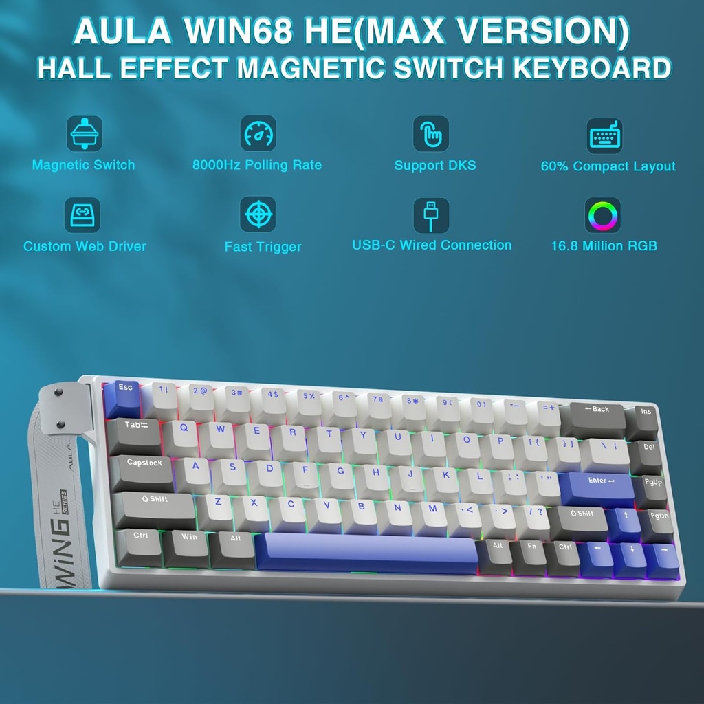 AULA WIN60HE MAX Mechanical Gaming Keyboard Wired - Wing magnetic switch ( White+Gray+blue )