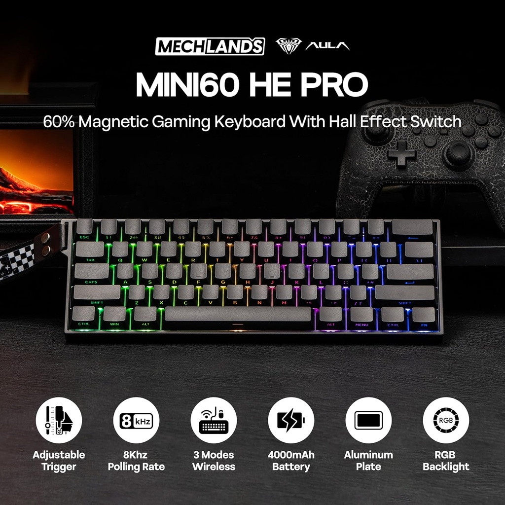 Aula Mini60HE PRO Wireless  Gaming Keyboard - Stormrise Magnetic ( Black Side-engraved keycaps )