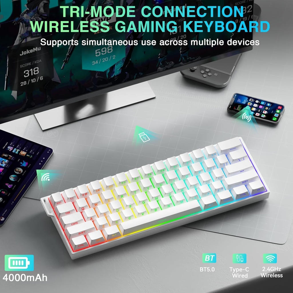AULA MINI60HE PRO  Wireless Mechanical Gaming Keyboard - Mistcloud Magnetic ( White Side-engraved keycaps )