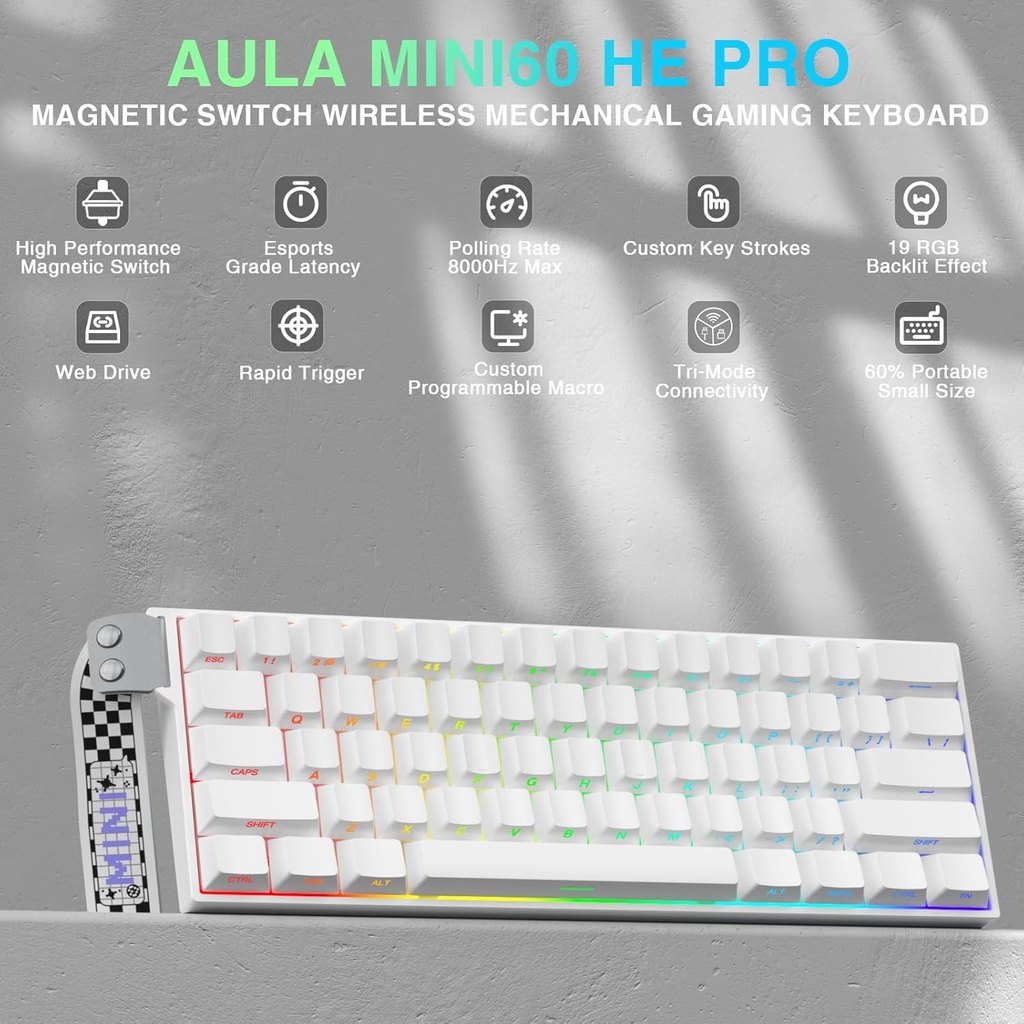 AULA MINI60HE PRO  Wireless Mechanical Gaming Keyboard - Mistcloud Magnetic ( White Side-engraved keycaps )