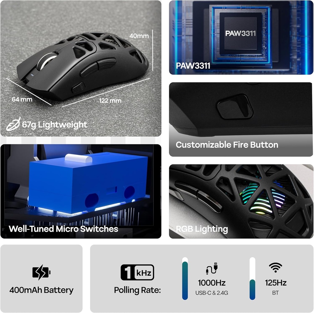 MOUSE AULA SC620 Wireless Gaming Mouse - BLACK 12,000 DPI 