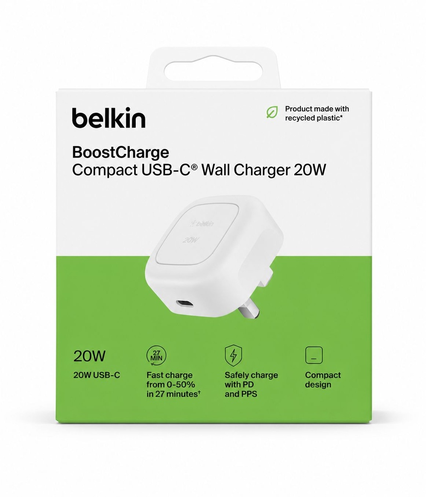 Belkin BoostCharge 20W Cubic Wall Charger, USB-C Power Delivery Fast Charging for Apple iPhone Air, iPhone 16, iPhone 15, Samsung Galaxy S25, Google Pixel, iPad, AirPods & More - White 