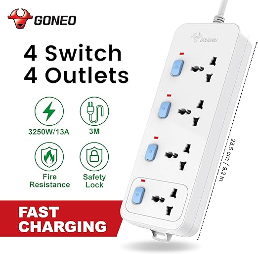 GONGNIU 4-Way Multi Plug Power Extension Cord 3M with 4 Universal Sockets