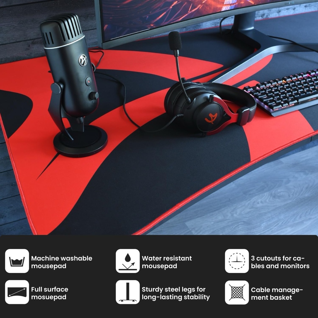 Arozzi Arena Ultrawide Curved black/red size 160W x 81.8D x 78.7H CM Gaming Desk with Full MousePad Waterproof, Cable Management
