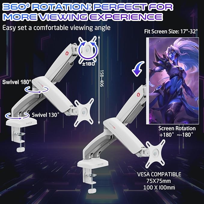 GAMEON GO-5450 Dual Monitor Arm For Gaming And Office Use, Supports 17" - 32” Flat and Curved Screens, Each Arm Up To 2-9 KG - White