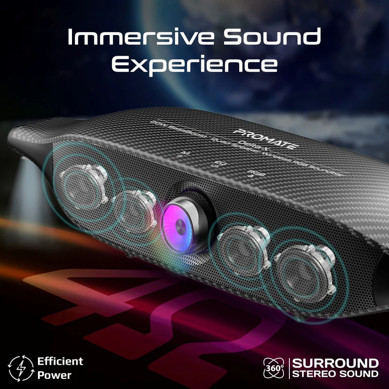 Promate 20W BassBoost™ Quad Speaker and Built-In Microphone Wireless RGB Soundbar Delta-X BLACK