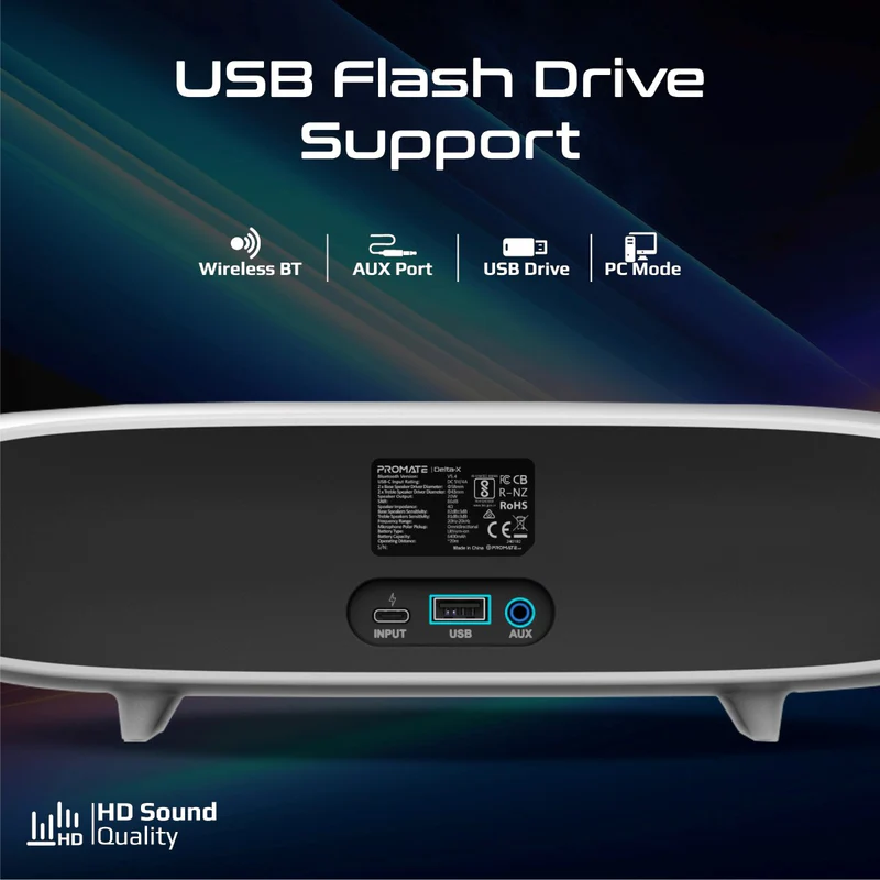 Promate 20W BassBoost™ Quad Speaker and Built-In Microphone Wireless RGB Soundbar Delta-X BLACK