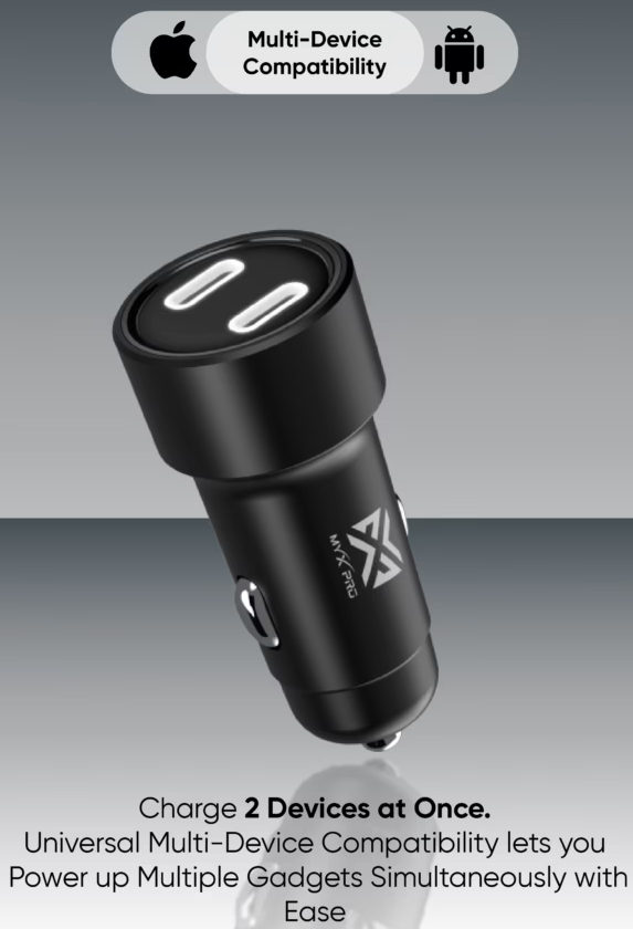 MYX PRO Drivevolt 60W Dual Port Car Charger – USB-C Quick Charge (MCC-60W-C02B)