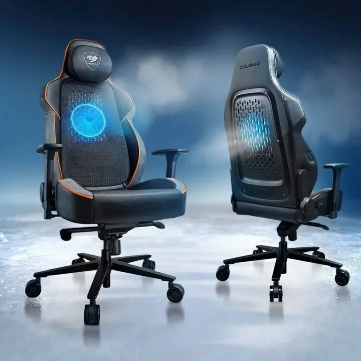 Cougar NxSys Aero Gaming Chair, Integrated RGB Fan, Premium PVC Leather, Adjustable 3D Armrests, Elastomeric Mesh, Durable Steel Frame, 3" Wheels, 160kg Max Weight - Black and Orange CG-CHAIR-NXSYS-AERO-ORG