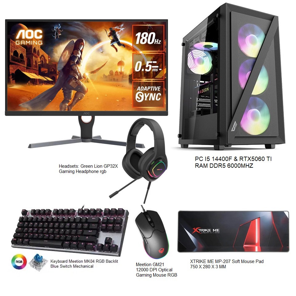 Gaming setup PC I5 14400F & GeForce RTX 5060 Ti GDDR7 & RAM DDR5 6000MHZ