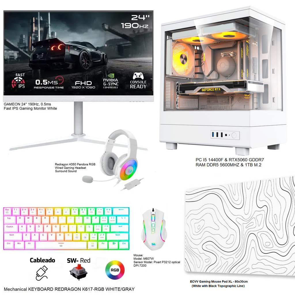 Gaming PC Bundle FULL WHITE I5 14400f & RTX5060 OC GDDR6 & RAM DDR5