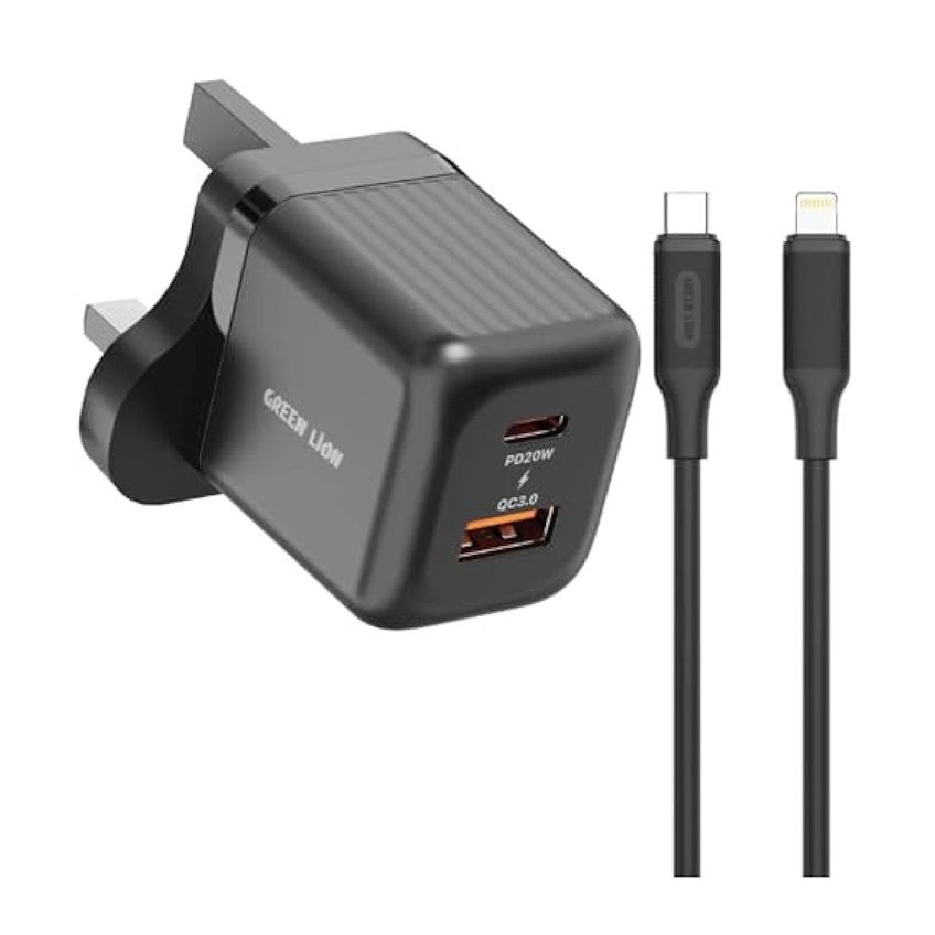 Green Lion Ultra Compact GaN Wall Charger UK Pin C to L PD20W + QC3.0 GNA20PDQCTLBK
