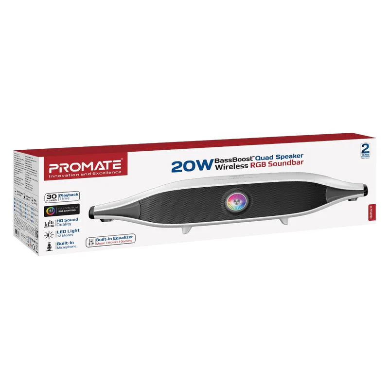 Promate 20W BassBoost™ Quad Speaker and Built-In Microphone Wireless RGB Soundbar Delta-X WHITE