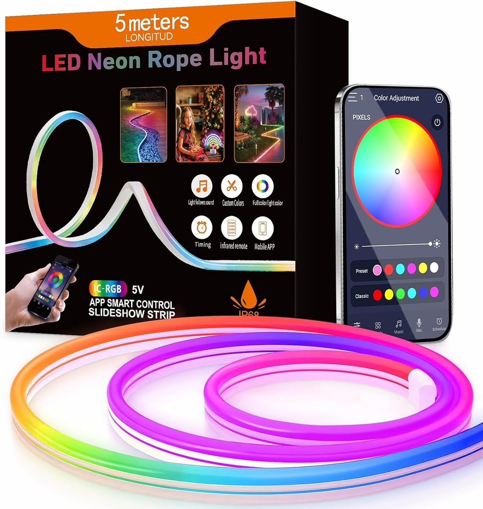 RGB IC Neon LED Strip 5 m, Bluetooth 5 V LED Wall Hose, Outdoor Light Strip, App Control, Music Sync, Ideal for Game Room Decoration (5 m RGBIC Bluetooth) 